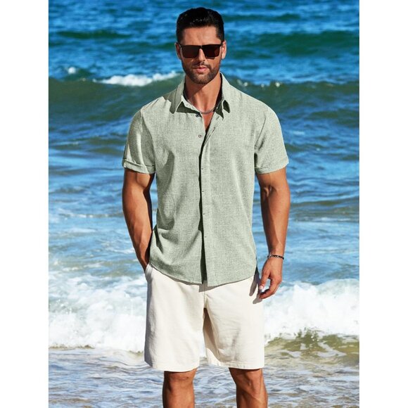 Men's  A-sage Green Linen Short Sleeve Button Down Casual Shirt Business Dress - Picture 3 of 6